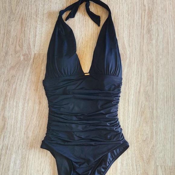 Vitoria's Secret One-Piece Halter-Neck Ruched Shaping Swimsuit Bra-Padded Black - Picture 2 of 7